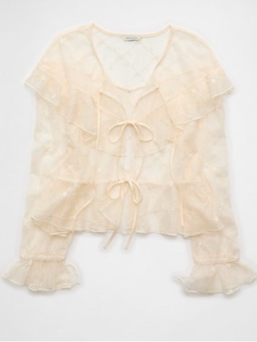 American Eagle Sheer Embroidered White Ruffle Blouse